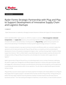 Ryder Forms Strategic Partnership with Plug and Play to Support Development of Innovative Supply Chain and Logistics Startups
