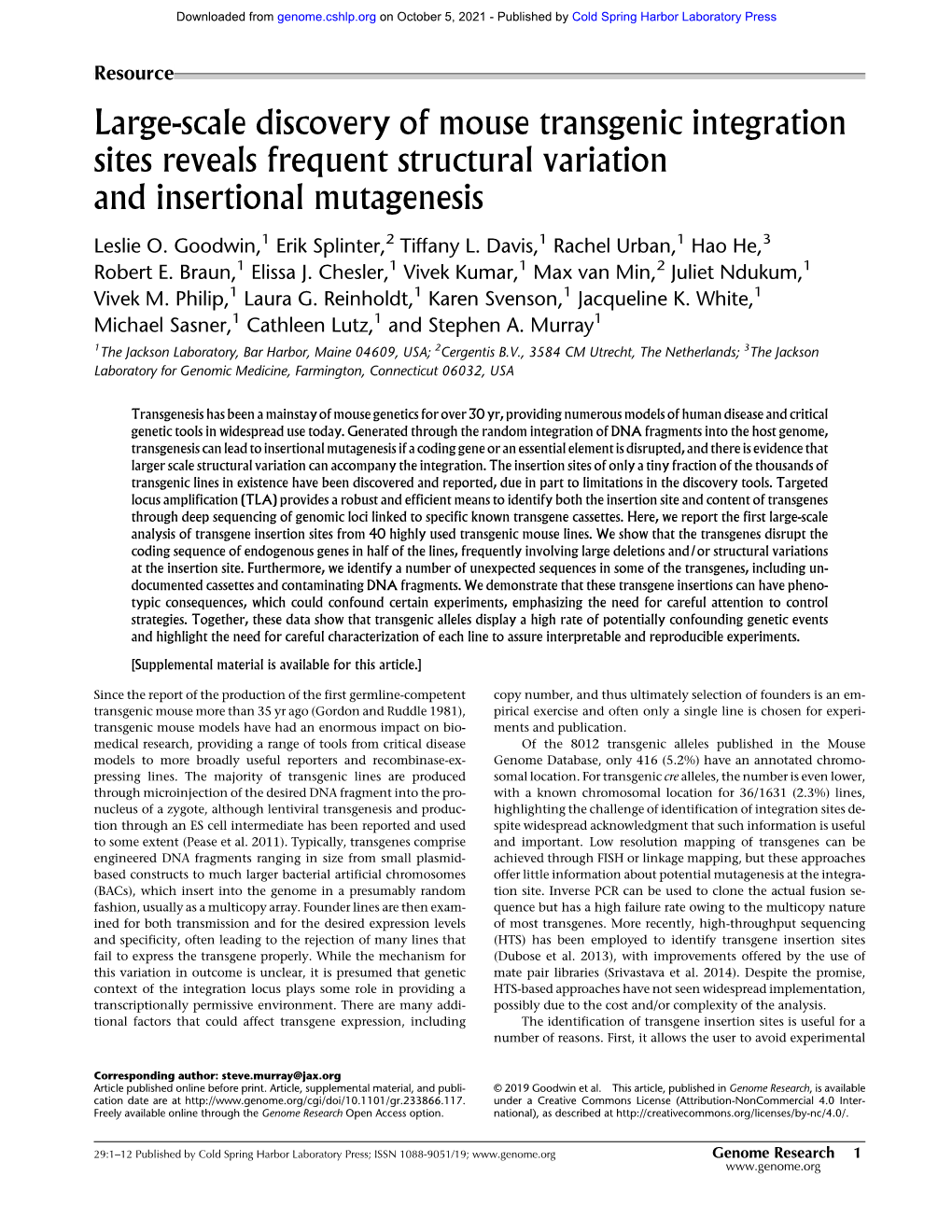 Large-Scale Discovery of Mouse Transgenic Integration Sites Reveals Frequent Structural Variation and Insertional Mutagenesis