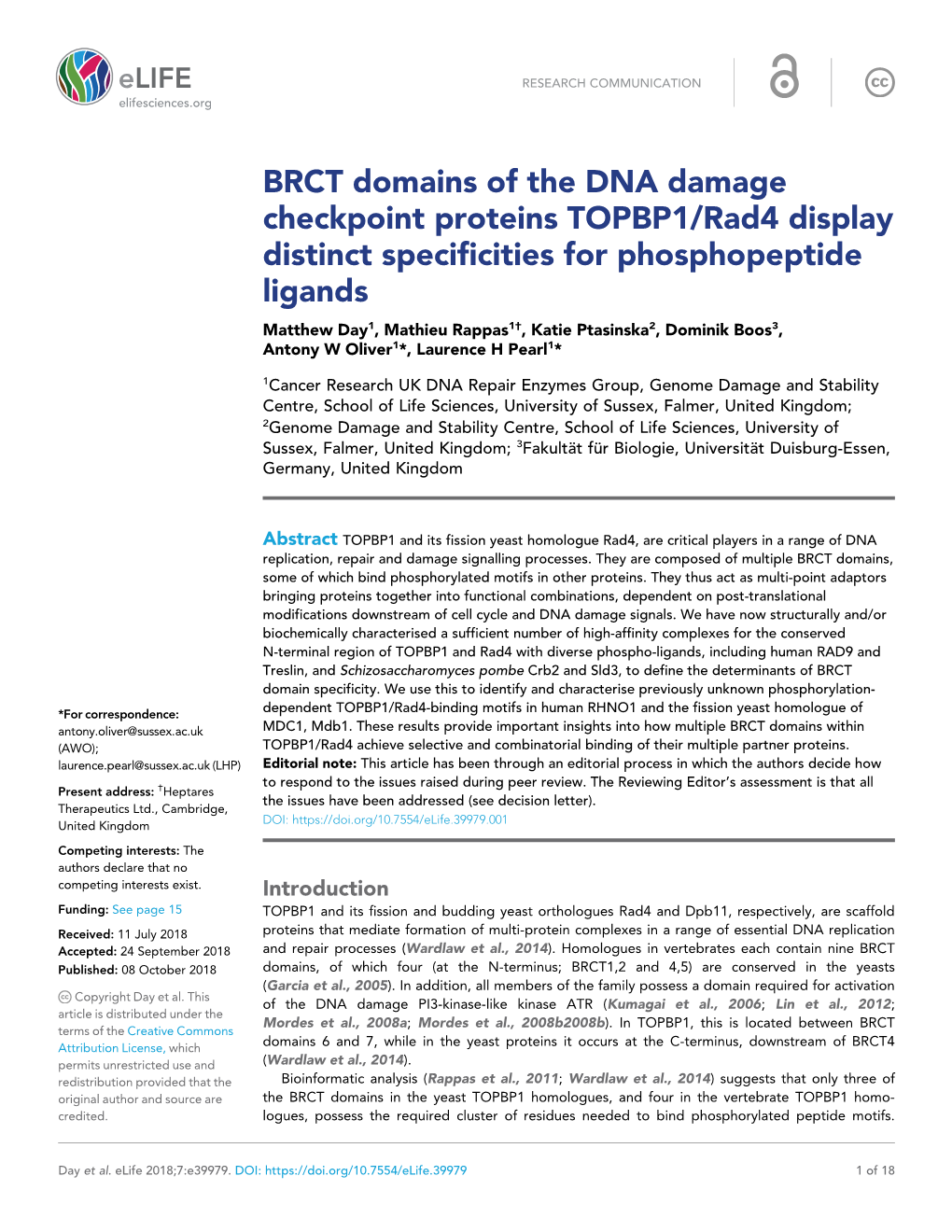 BRCT Domains of the DNA Damage Checkpoint Proteins