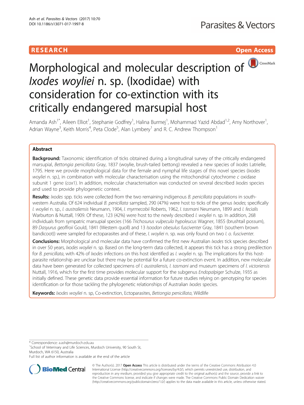 Morphological and Molecular Description of Ixodes Woyliei N. Sp