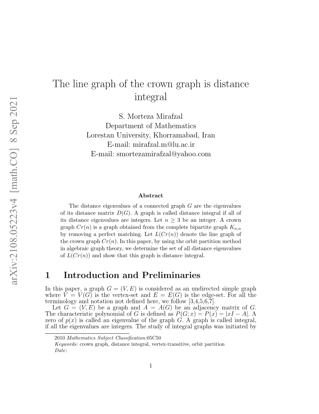 Arxiv:2108.05223V2 [Math.CO] 12 Aug 2021 the Line Graph of the Crown