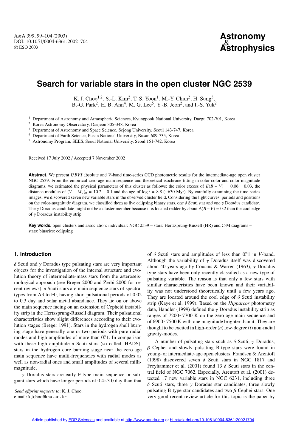 Search for Variable Stars in the Open Cluster NGC 2539