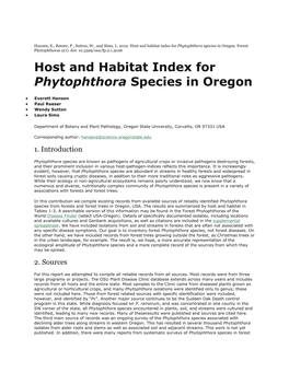 Host and Habitat Index for Phytophthora Species in Oregon