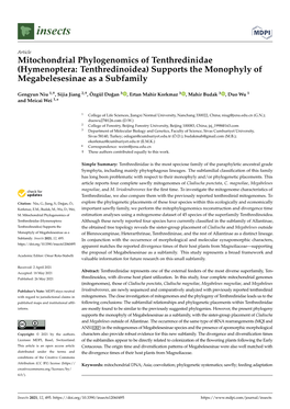 Mitochondrial Phylogenomics of Tenthredinidae (Hymenoptera: Tenthredinoidea) Supports the Monophyly of Megabelesesinae As a Subfamily