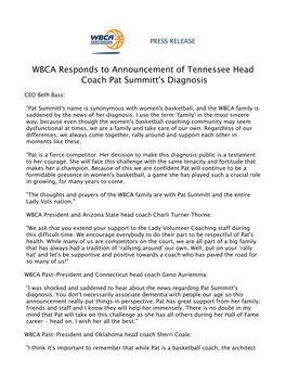 WBCA Responds to Announcement of Tennessee Head Coach Pat Summitt's Diagnosis