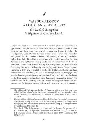 WAS SUMAROKOV a LOCKEAN SENSUALIST? on Locke's Reception in Eighteenth-Century Russia