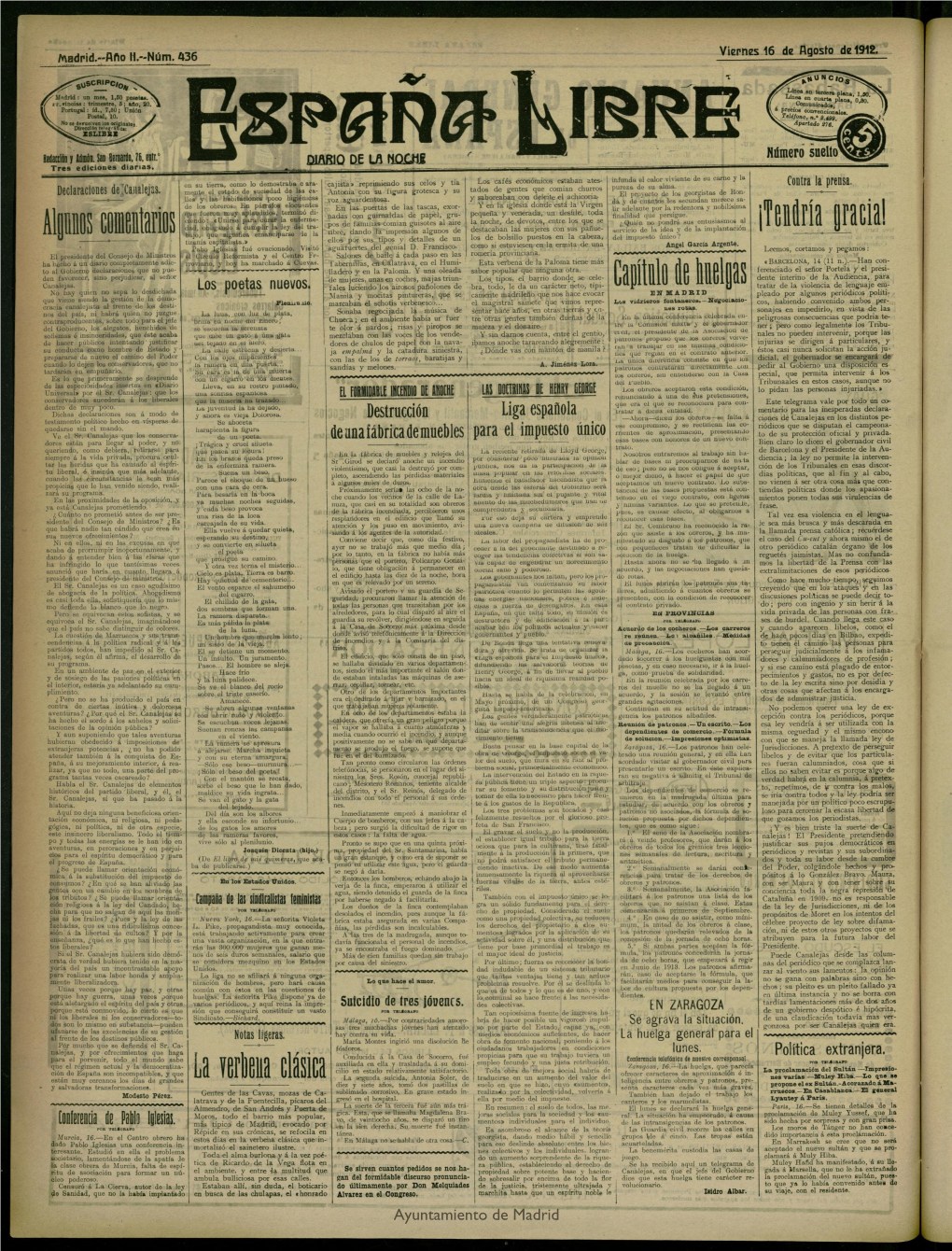 España Libre: Diario De La Noche Del 16 De Agosto De 1912, Nº