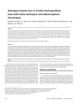 Solenopsis Invicta Virus 3: Further Host-Specificity Tests with Native Solenopsis Ants (Hymenoptera: Formicidae) Sanford D