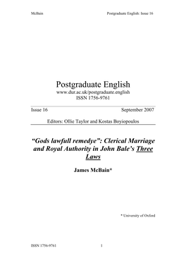 Clerical Marriage and Royal Authority in John Bale's Three Laws James