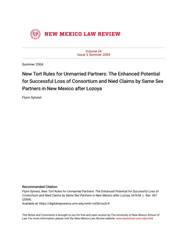 New Tort Rules for Unmarried Partners: the Enhanced Potential for Successful Loss of Consortium and Nied Claims by Same Sex Partners in New Mexico After Lozoya