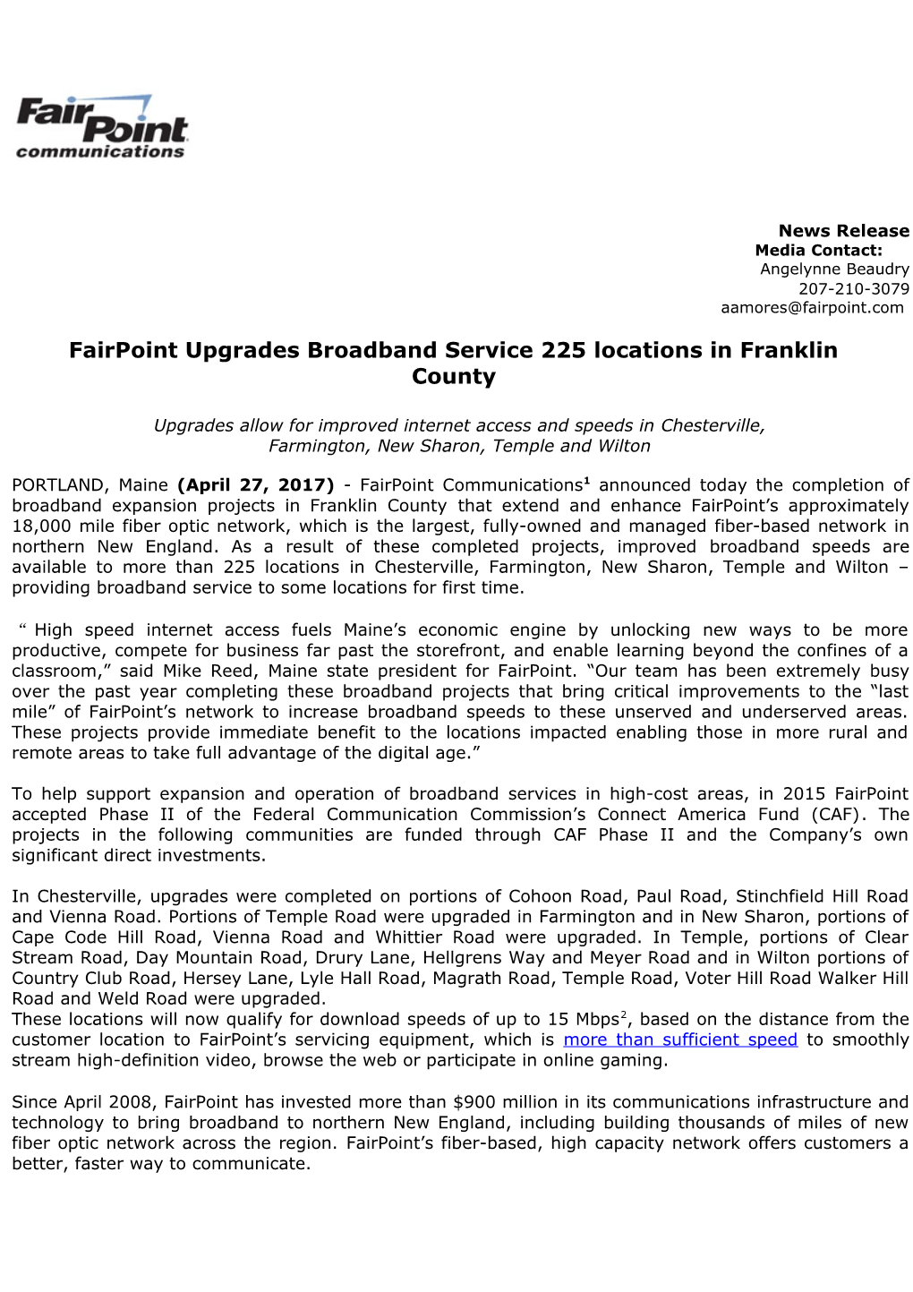 Fairpoint Upgrades Broadband Service 225 Locations in Franklin County