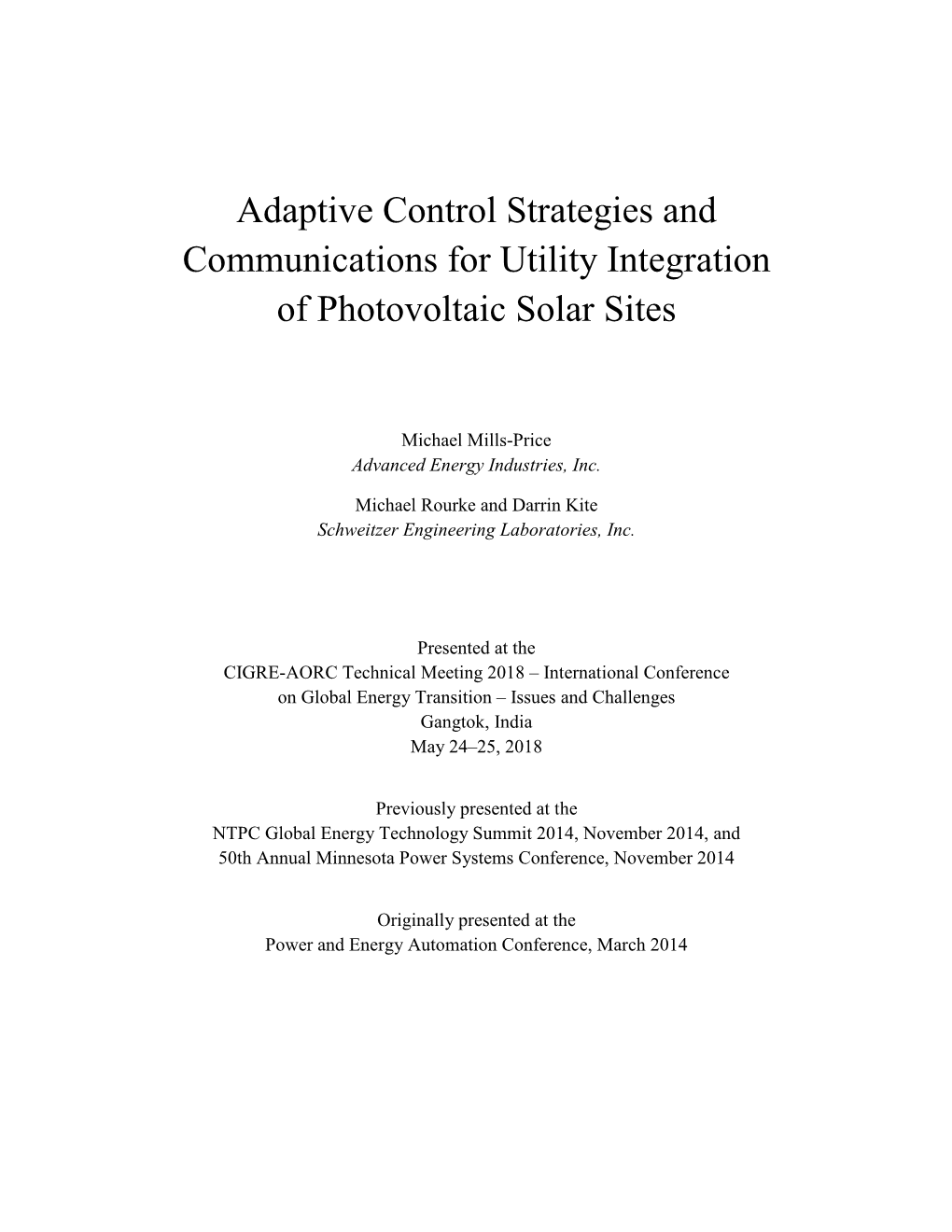 Adaptive Control Strategies and Communications for Utility Integration of Photovoltaic Solar Sites