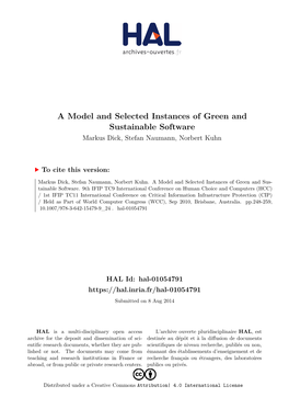 A Model and Selected Instances of Green and Sustainable Software Markus Dick, Stefan Naumann, Norbert Kuhn
