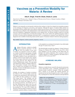 Vaccines As a Preventive Modality for Malaria: a Review