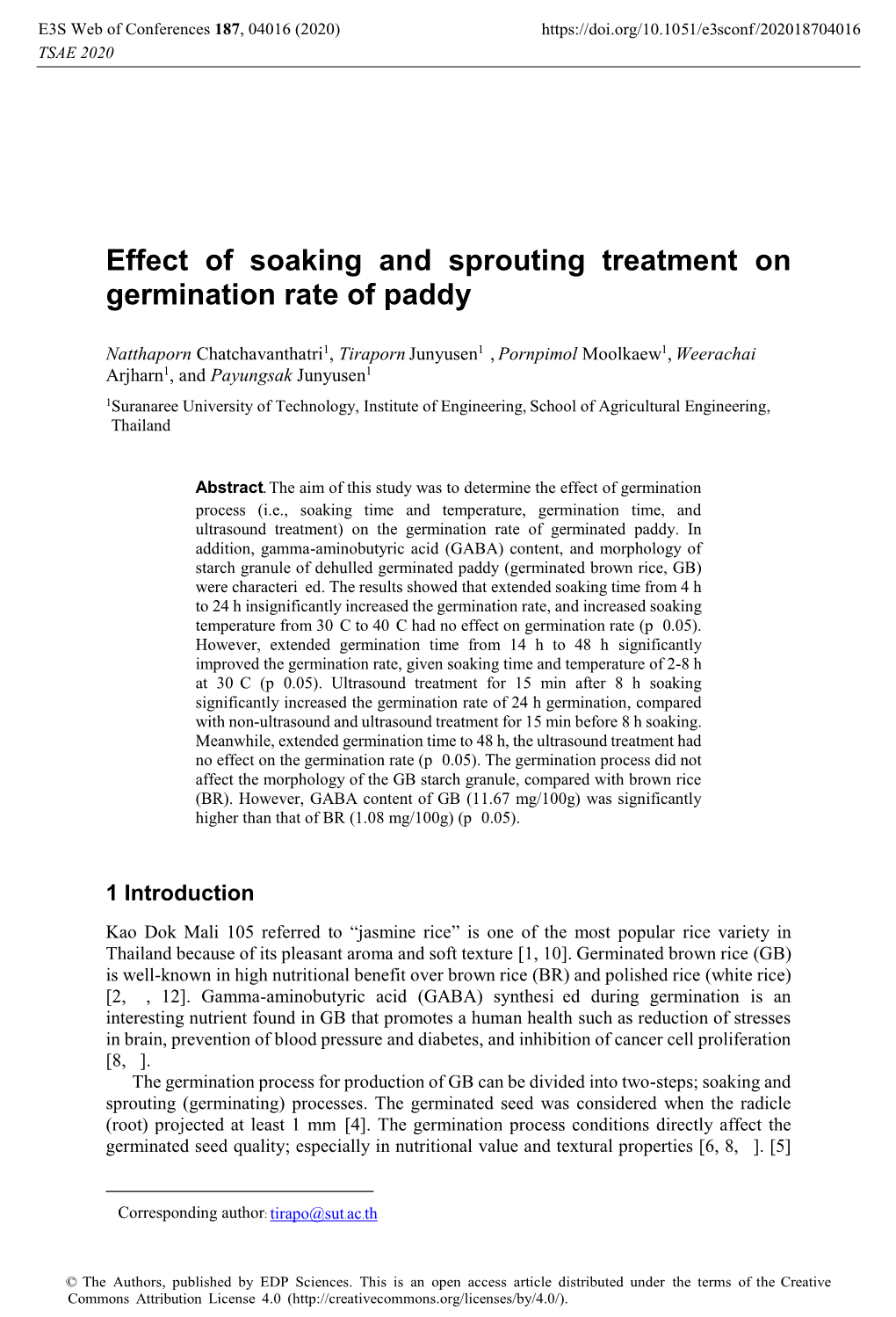 Effect of Soaking and Sprouting Treatment on Germination Rate of Paddy