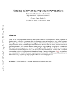 Herding Behavior in Cryptocurrency Markets Universitat Autònoma De Barcelona Department of Applied Economics Obryan Poyser Calderón WORKING PAPER | November 2018