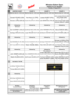 Winston-Salem Open ORDER of PLAY REVISED Tuesday, 21 August 2012