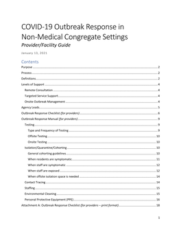 COVID-19 Outbreak Response in Non-Medical Congregate Settings Provider/Facility Guide