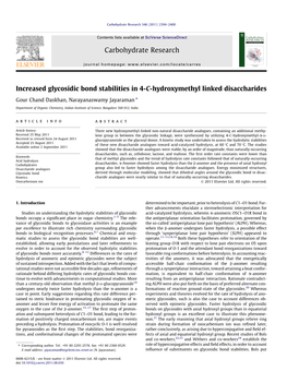 Increased Glycosidic Bond Stabilities in 4-C-Hydroxymethyl Linked Disaccharides ⇑ Gour Chand Daskhan, Narayanaswamy Jayaraman