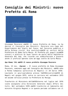 Consiglio Dei Ministri: Nuovo Prefetto Di Roma