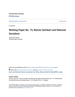 Working Paper No. 19, Werner Sombart and National Socialism