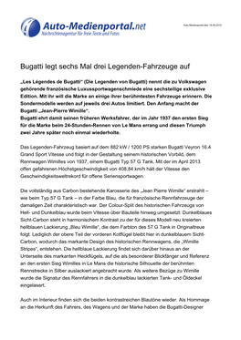 Bugatti Legt Sechs Mal Drei Legenden-Fahrzeuge Auf