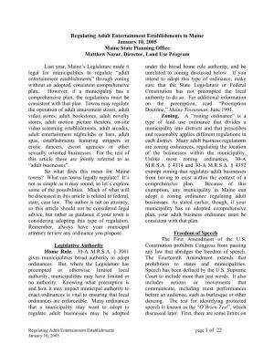 Page 1 of 22 Regulating Adult Entertainment Establishments in Maine January 10, 2005 Maine State Planning Office Matthew Nazar