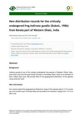 New Distribution Records for the Critically Endangered Frog Indirana Gundia (Dubois, 1986) from Kerala Part of Western Ghats, India
