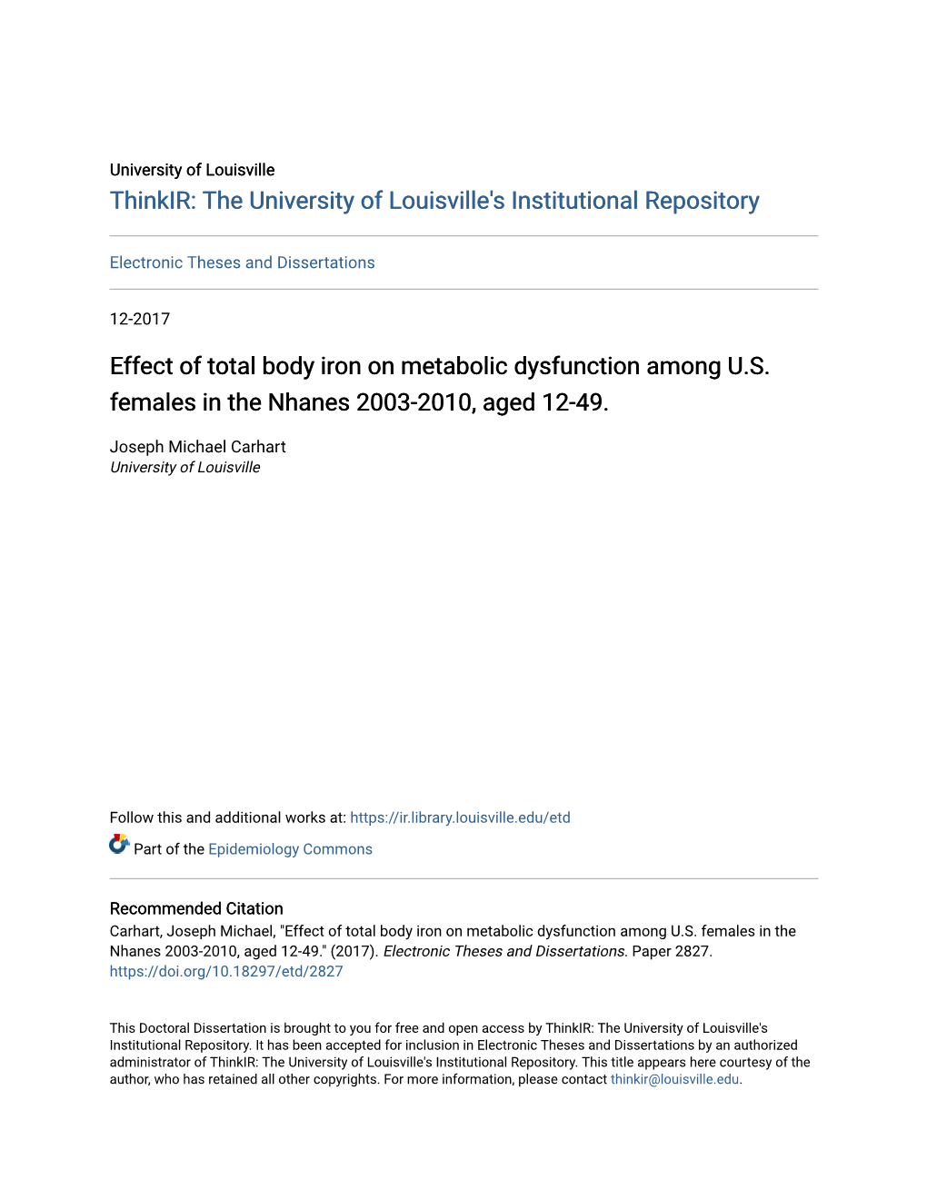 Effect of Total Body Iron on Metabolic Dysfunction Among U.S. Females in the Nhanes 2003-2010, Aged 12-49