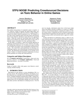 STFU NOOB! Predicting Crowdsourced Decisions on Toxic Behavior in Online Games