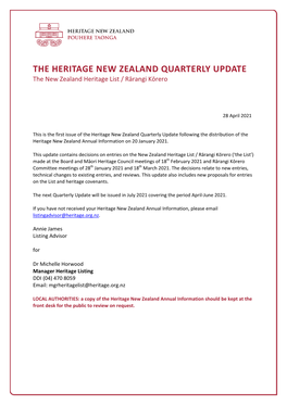 THE HERITAGE NEW ZEALAND QUARTERLY UPDATE the New Zealand Heritage List / Rārangi Kōrero