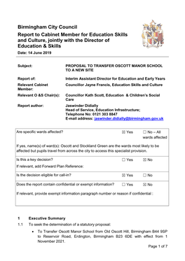 Birmingham City Council Report to Cabinet Member for Education Skills and Culture, Jointly with the Director of Education &