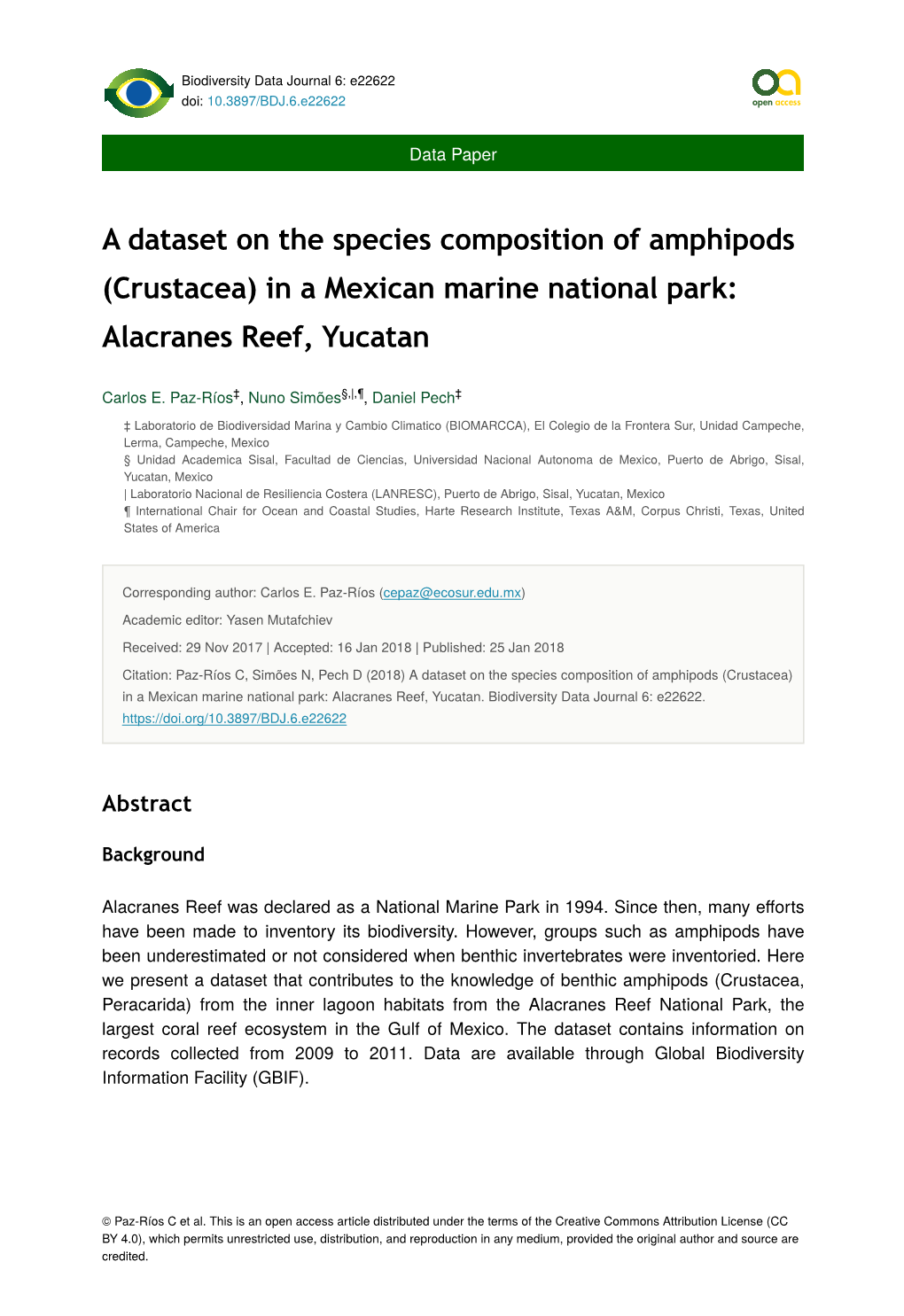 A Dataset on the Species Composition of Amphipods (Crustacea) in a Mexican Marine National Park: Alacranes Reef, Yucatan