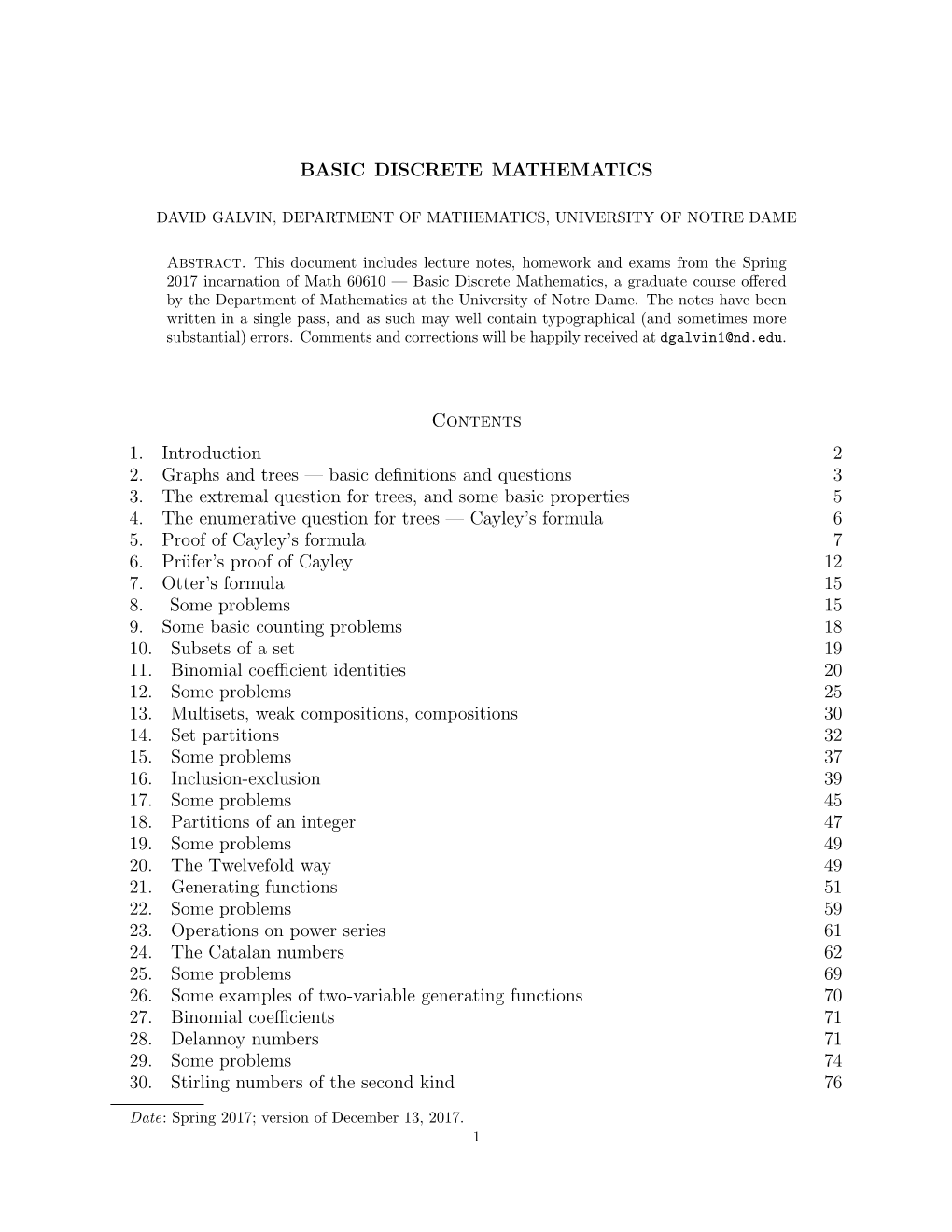 BASIC DISCRETE MATHEMATICS Contents 1. Introduction 2 2. Graphs