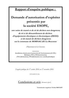 Demande D'autorisation D'exploiter Présentée Par La Société ESOPE