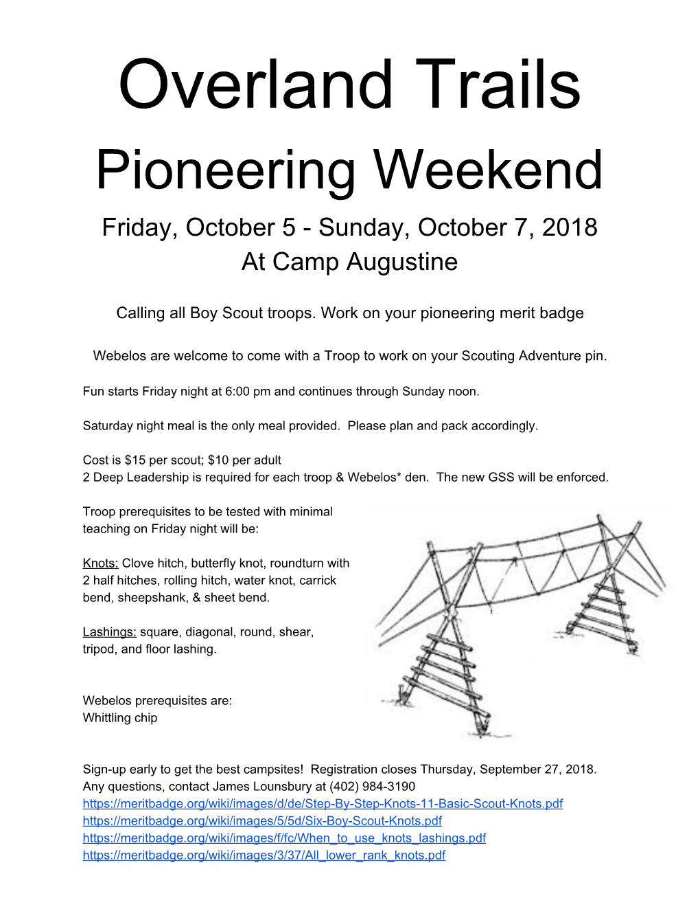 Overland Trails Pioneering Weekend Friday, October 5 - Sunday, October 7, 2018 at Camp Augustine