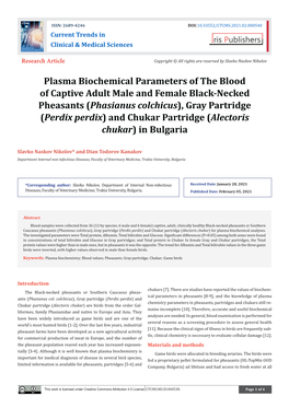 Plasma Biochemical Parameters of the Blood of Captive Adult Male and Female Black-Necked Pheasants