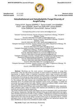 Haloalkalitolerant and Haloalkaliphilic Fungal Diversity of Acıgöl/Turkey