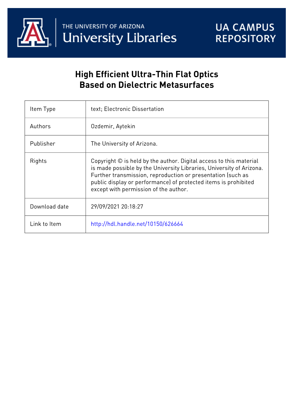 High Efficient Ultra-Thin Flat Optics Based on Dielectric Metasurfaces