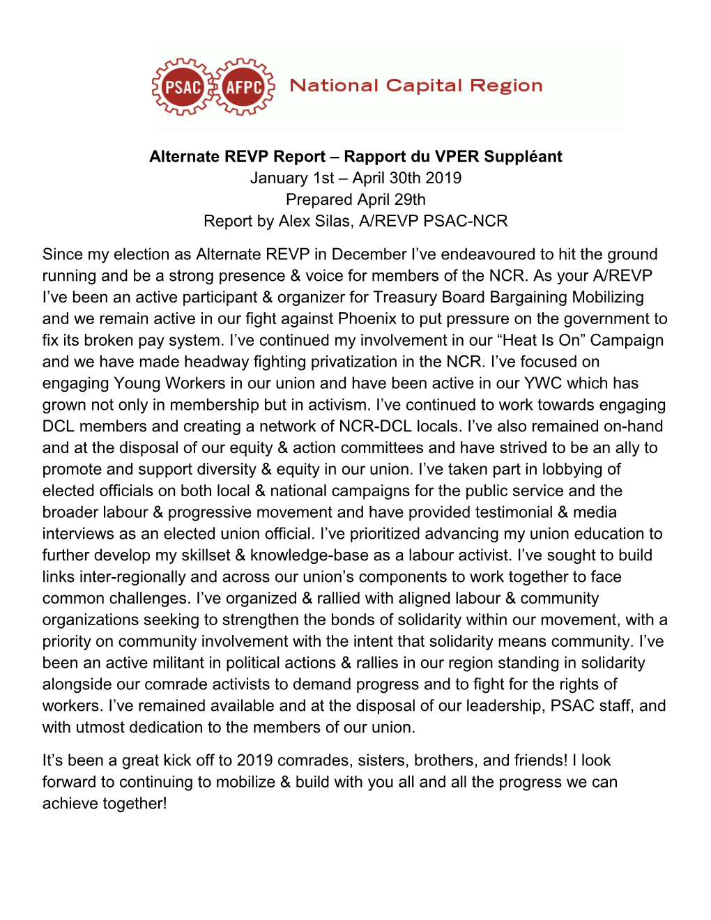 Alternate REVP Report – Rapport Du VPER Suppléant January 1St – April 30Th 2019 Prepared April 29Th Report by Alex Silas, A/REVP PSAC-NCR