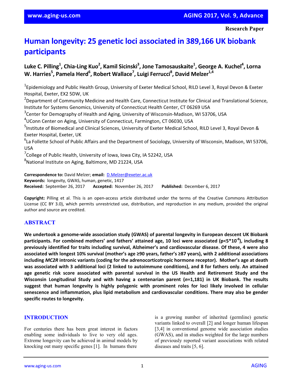 Human Longevity: 25 Genetic Loci Associated in 389,166 UK Biobank Participants