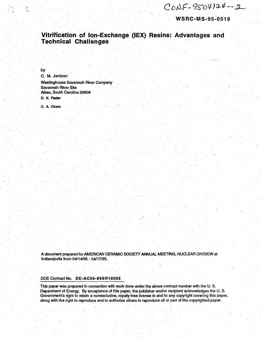 Vitrification of Ion-Exchange (IEX) Resins: Advantages and Technical Challenges