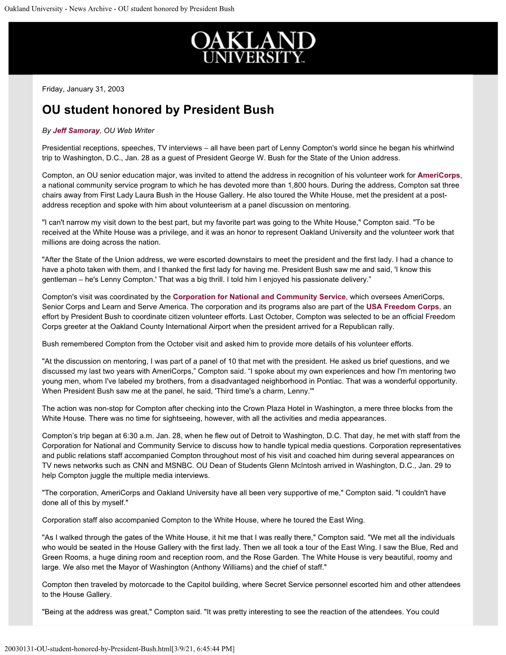 News Archive - OU Student Honored by President Bush