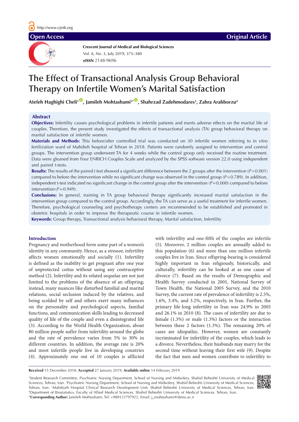 The Effect of Transactional Analysis Group Behavioral Therapy on Infertile Women’S Marital Satisfaction