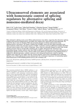 Ultraconserved Elements Are Associated with Homeostatic Control of Splicing Regulators by Alternative Splicing and Nonsense-Mediated Decay