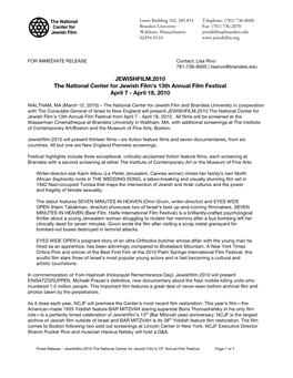 Press Release - Jewishfilm.2010 the National Center for Jewish Film’S 13Th Annual Film Festival Page 1 of 1