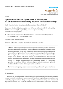 Synthesis and Process Optimization of Electrospun PEEK-Sulfonated Nanofibers by Response Surface Methodology