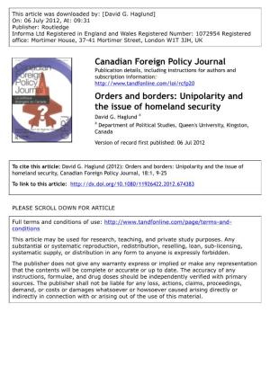 Orders and Borders: Unipolarity and the Issue of Homeland Security David G