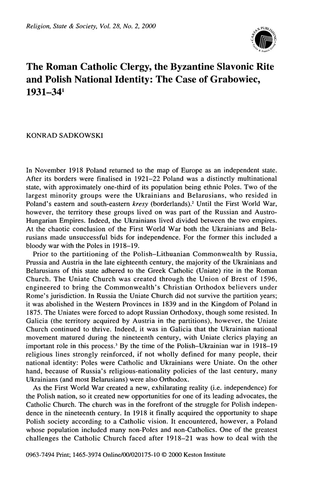 The Roman Catholic Clergy, the Byzantine Slavonic Rite and Polish National Identity: the Case of Grabowiec, 1931-341