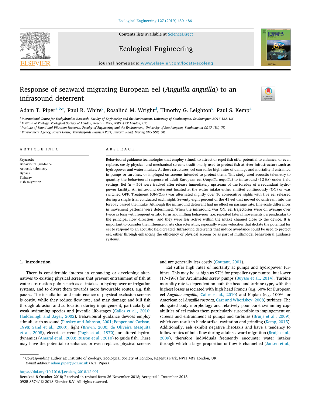 Ecological Engineering Response of Seaward-Migrating European